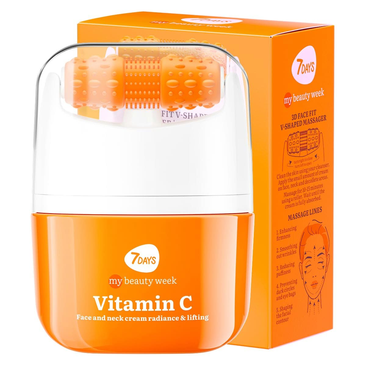 7Days My Beauty Week Vitamin C Face and Neck Cream 40ml with V-Shaped Facial Massager for Brightening and Firming