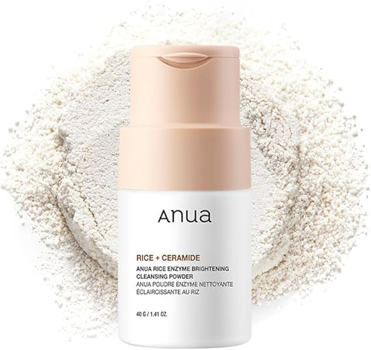 ANUA Rice Enzyme Brightening Cleansing Powder is a gentle daily exfoliating cleanser that combines rice powder and enzymes to cleanse, brighten dull skin, smooth rough texture, and promote a clearer, more radiant complexion without stripping moisture.