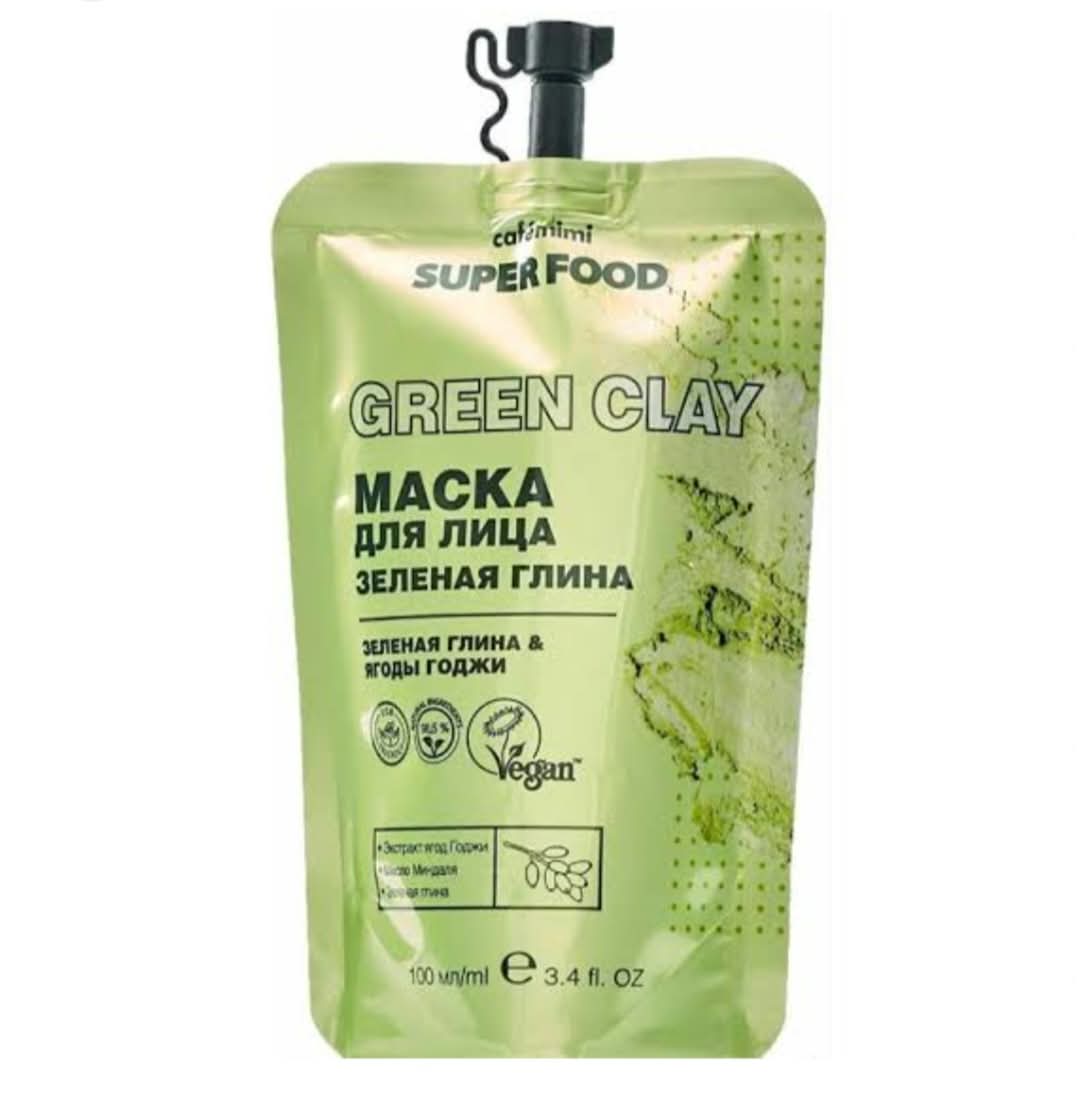 Cafe Mimi Super Food Green Clay Face Mask 100ml with Green Clay and Goji Berries in a Green Pouch