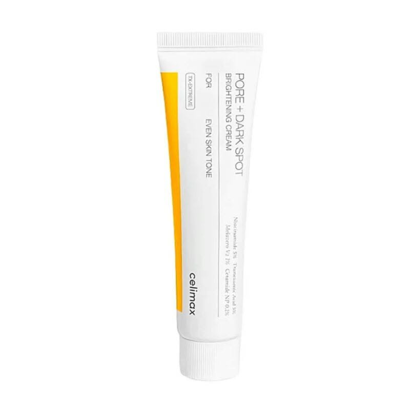 Celimax Pore + Dark Spot Brightening Cream in a White and Yellow Tube for Dark Spots and Uneven Skin Tone