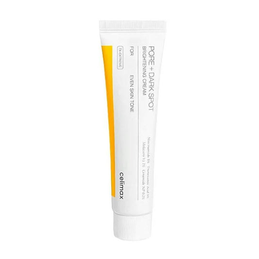 Celimax Pore + Dark Spot Brightening Cream in a White and Yellow Tube for Dark Spots and Uneven Skin Tone