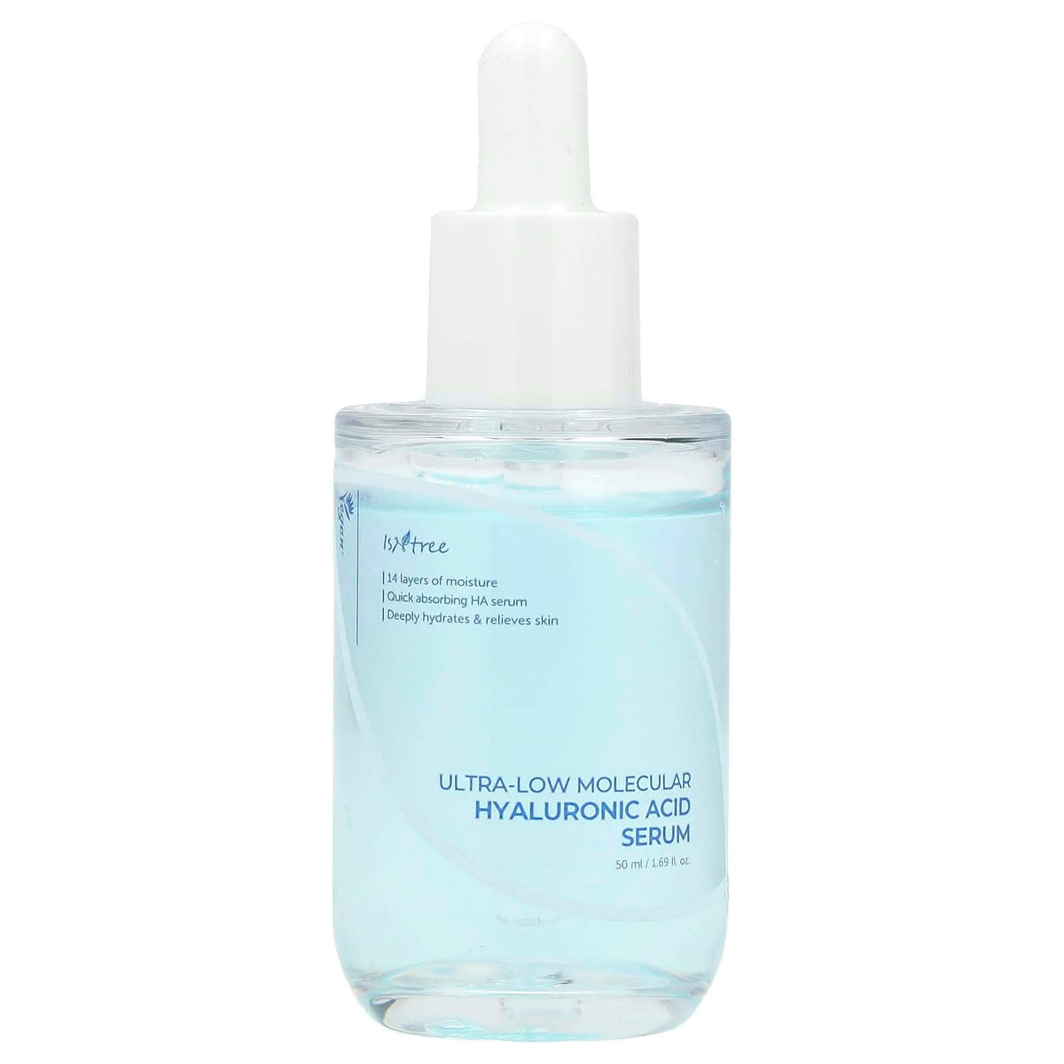 Isntree Ultra-Low Molecular Hyaluronic Acid Serum 50ml in a Light Blue Bottle with White Dropper for Skin Hydration