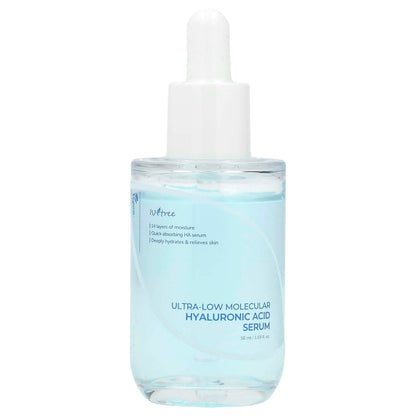 Isntree Ultra-Low Molecular Hyaluronic Acid Serum 50ml in a Light Blue Bottle with White Dropper for Skin Hydration