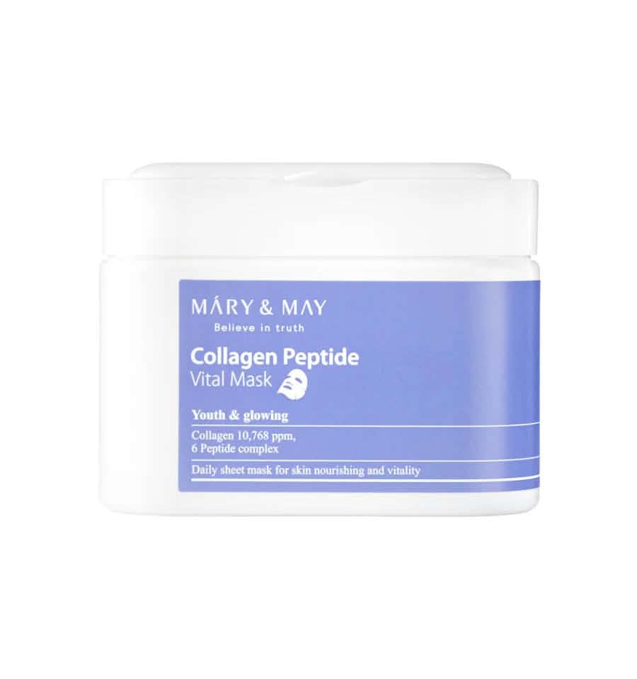 Mary & May Collagen Peptide Vital Mask Daily Sheet Masks in a White Container with Purple Label for Hydrated, Glowing Skin