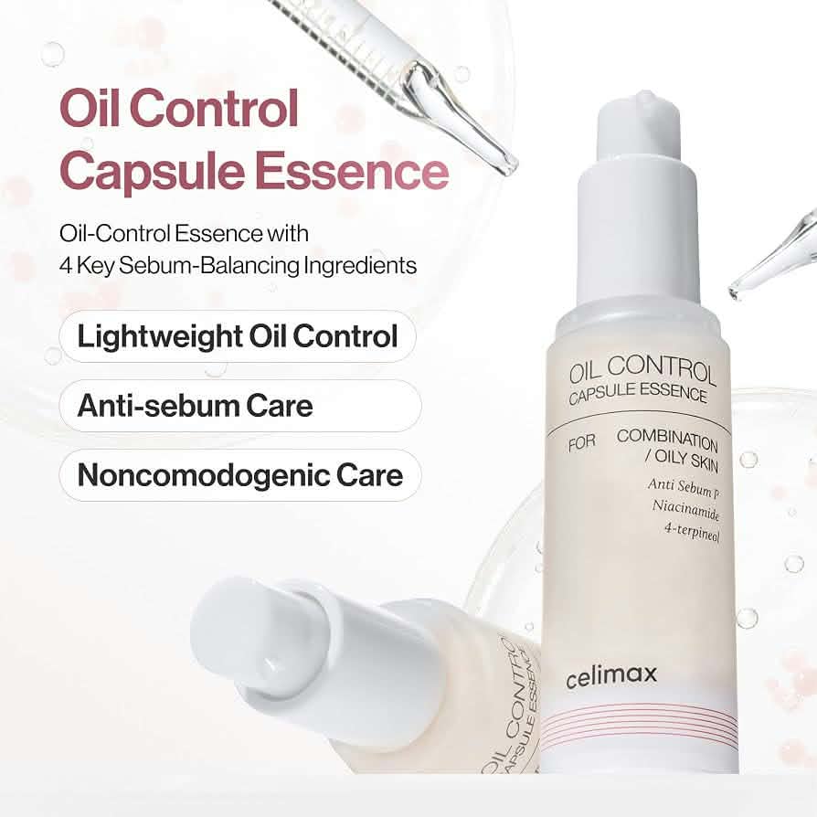 Celimax Oil Control Capsule Essence 30ml in a White Bottle with Oil-Control Capsules for Oily and Combination Skin