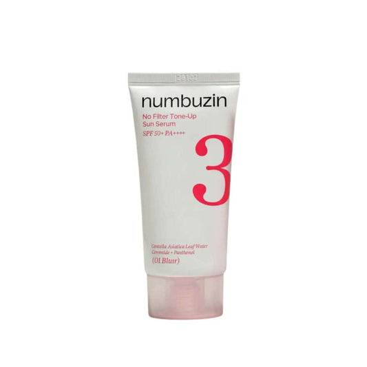 numbuzin No.3 No Filter Tone-Up Sun Serum SPF50+ PA++++ 01 Blur in a White Tube with Pink Cap for Daily Sun Protection and Tone-Up Effect